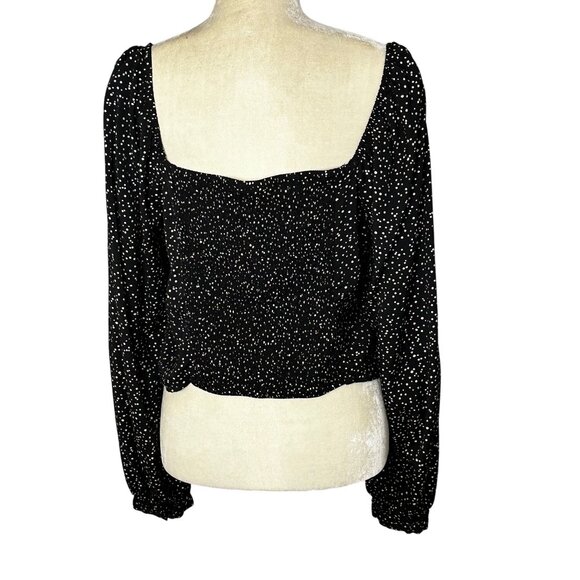 A New Day Smocked Crop Top XL Polka Dot Ruched Puff Statement Long Sleeve Black - Picture 4 of 11